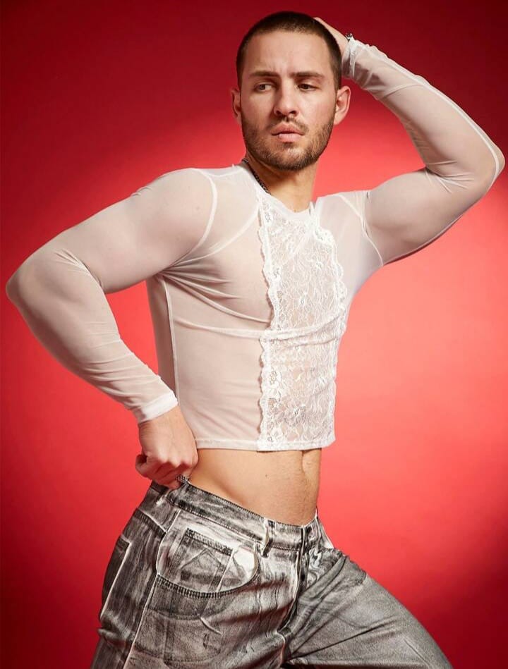 Men's Lace Patchwork Sheer Cut-Short T-Shirt